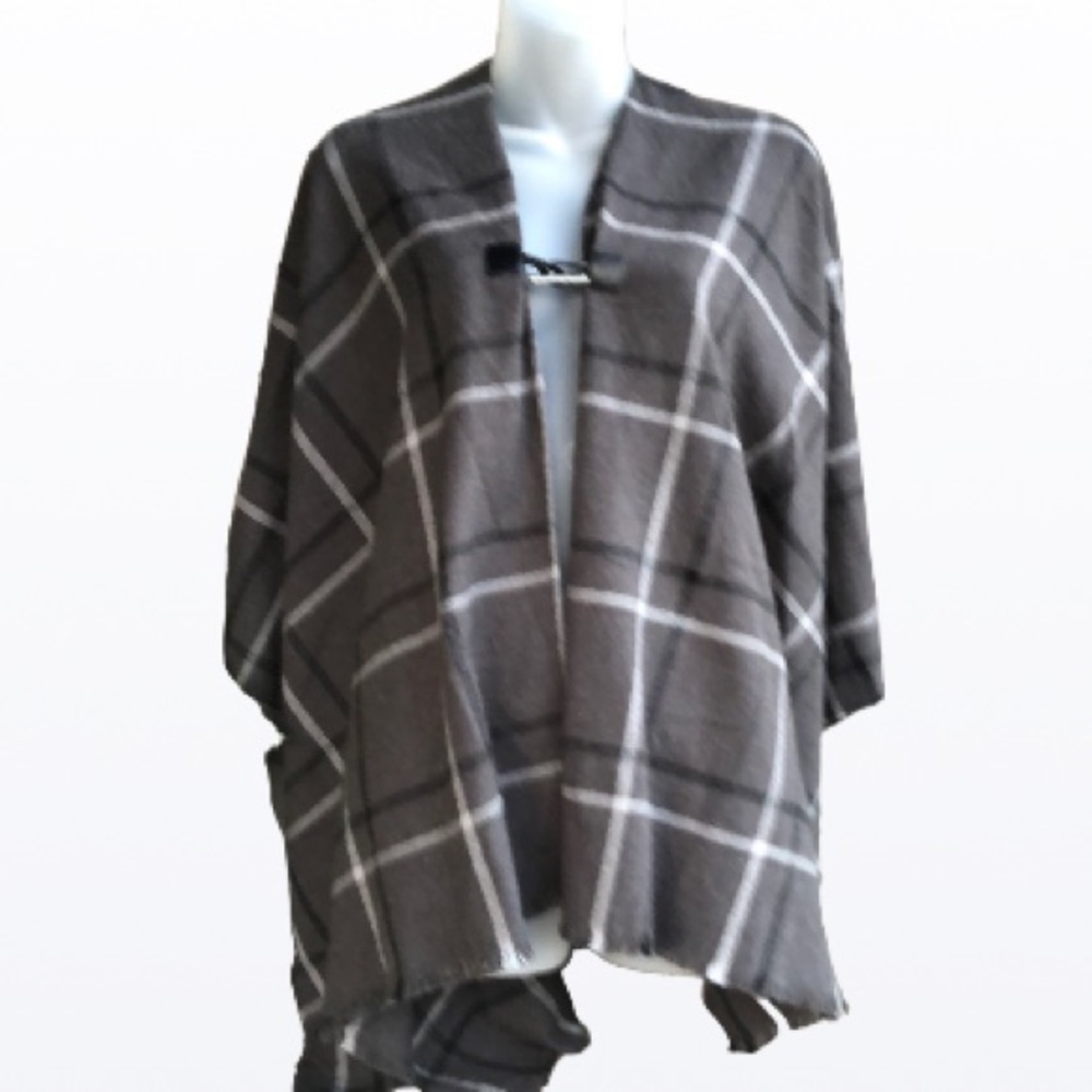 Calvin Klein Gray Windowpane Plaid Poncho Wrap Cape, One Size, Toggle Closure